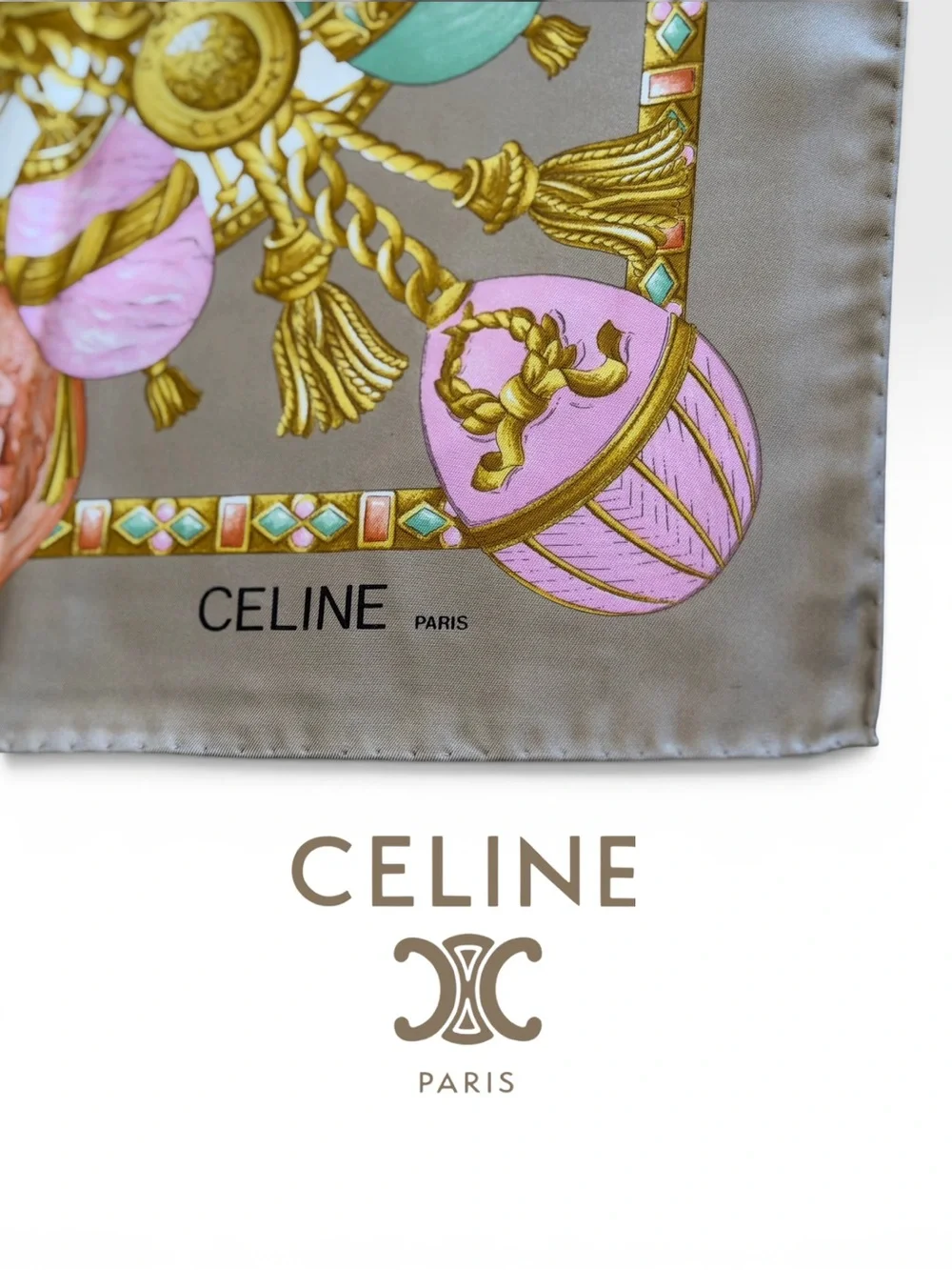 Celine Silk Scarf in Taupe, Pink & Mint with Gold Motif